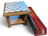 a table with a chess board and a drawer with keys