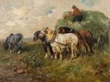 un tableau représentant deux chevaux tirant une charrette chargée de foin