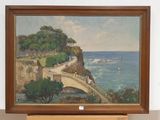 a painting of a bridge over a body of water