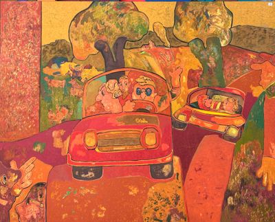a painting of a red car driving down the road