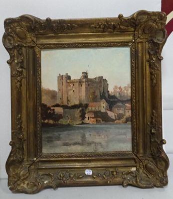 an image of a painting of a castle with a flag in the background