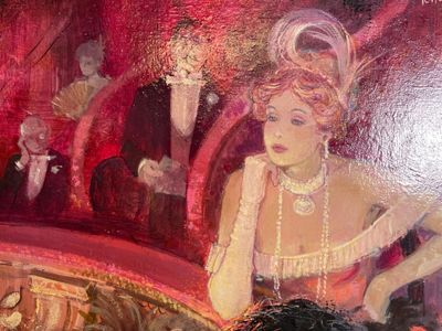 a painting of a woman sitting at a table in front of a man