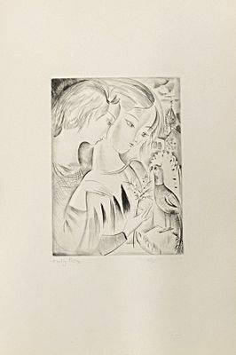 drawing of a boy and a girl looking at a bird in a tree