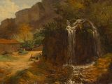 une image représentant une peinture d'une cascade dans un paysage montagneux