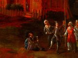 a painting of a group of people standing in front of a building