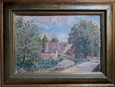 une image d'une peinture d'une maison dans les bois