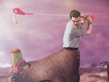 a painting of a man riding a horse with a kite