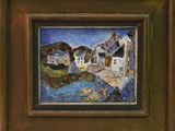 une image représentant un tableau d'un village avec un bateau sur l'eau