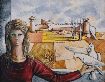 une peinture représentant une femme tenant un oiseau dans sa main