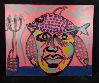 un tableau représentant un homme avec un poisson sur la tête