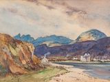 une aquarelle représentant une vue sur une chaîne de montagnes