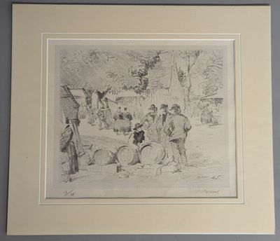 drawing of a group of people in a wooded area with a dog