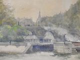 a watercolor painting of a bridge over a body of water