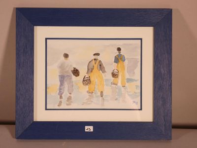 a picture of a painting of three people walking on the beach
