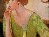 painting of a woman sitting at a table with a glass of wine in her hand