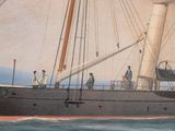a painting of a ship with people on it
