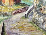 une peinture à l'huile représentant un chemin menant à un bâtiment en pierre