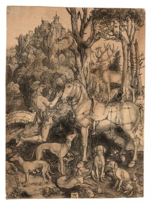 une image représentant le dessin d'un homme à cheval, avec un groupe d'animaux en arrière-plan