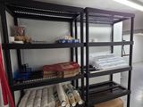 a room with a lot of shelves and a fire extinguisher