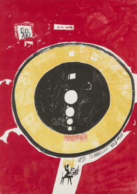 une image représentant un tableau sur lequel figure un cercle jaune et noir sur fond rouge