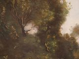 a painting of a man riding a horse in a wooded area