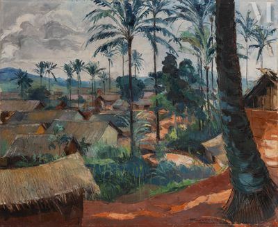 a painting of a village in the middle of the day