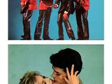 two pictures of a man kissing a woman in front of a group of men
