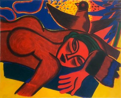 un tableau représentant une femme allongée sur un lit, un oiseau dans la main