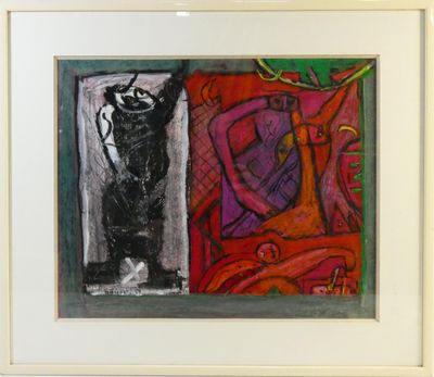 painting of a black cat and a red and purple painting of a woman