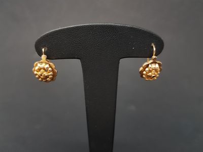 a pair of gold toned earrings on a black stand