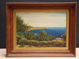a painting of a view of the ocean from a hill