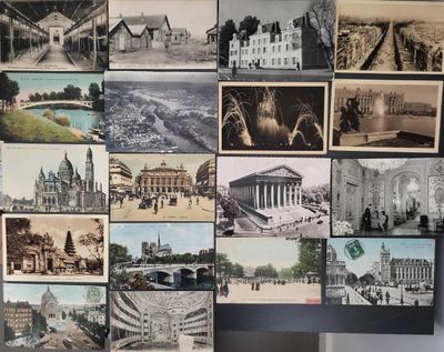 many pictures of different buildings and buildings on the wall