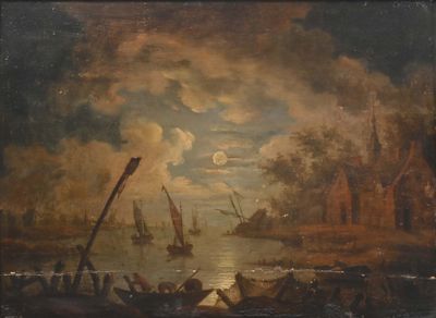 an oil painting of a boat in a body of water with a castle in the background