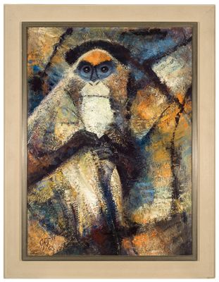 un tableau représentant un singe assis sur une branche d'arbre