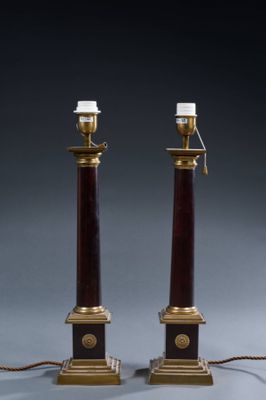 pair of antique brass and red marble lamps with brass fittings