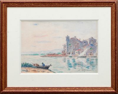 painting of a boat in a body of water with a castle in the background
