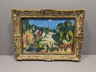 a painting of a landscape with a house in the distance
