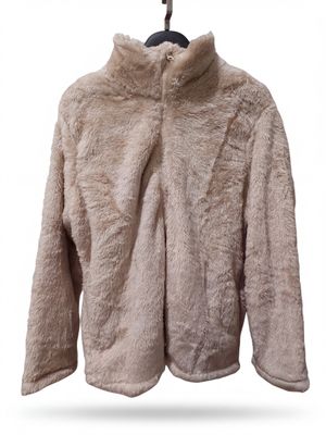 beige fur jacket on a hanger on a white background