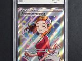 a close up of a card with a girl in a red shirt