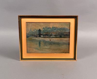 une peinture à l'huile représentant un bateau sur l'eau, avec un pont en arrière-plan
