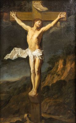 an image of a painting of jesus on the cross with a dove