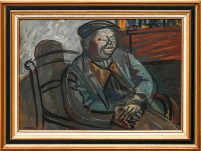 une peinture à l'huile représentant un homme assis sur une chaise, une canne à la main