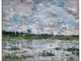 une peinture à l'huile représentant une rivière avec, en arrière-plan, le ciel et des nuages