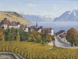 a painting of a village by the water with mountains in the background