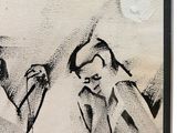 framed black and white drawing of a man and a woman talking on a cell phone