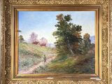 an oil painting of a man walking down a path near a house
