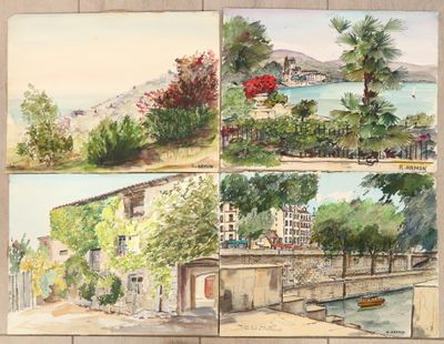 quatre tableaux représentant une scène de rue avec un bateau sur l'eau