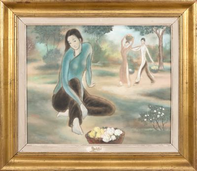 une peinture à l'huile représentant une femme à genoux, avec un panier de fleurs devant elle