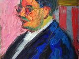 tableau représentant un homme en costume et à lunettes devant un mur rose