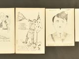 several drawings of a woman in a dress and a man in a hat